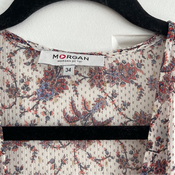 Morgan de Toi Floral Metallic Midi Wrap Dress with Tie and Ruffles; French Brand - Picture 6 of 9